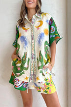 Days of Heaven Linen Blend Unique Print Blouse and Elastic Waist Pocketed Shorts Set - Eliza-Warszawa