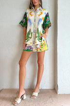 Days of Heaven Linen Blend Unique Print Blouse and Elastic Waist Pocketed Shorts Set - Eliza-Warszawa