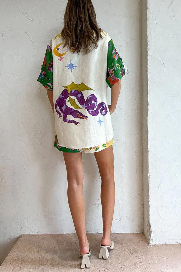 Days of Heaven Linen Blend Unique Print Blouse and Elastic Waist Pocketed Shorts Set - Eliza-Warszawa