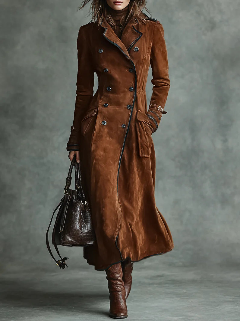 Double-breasted lapel long coat with suede and black trim - Eliza-Warszawa