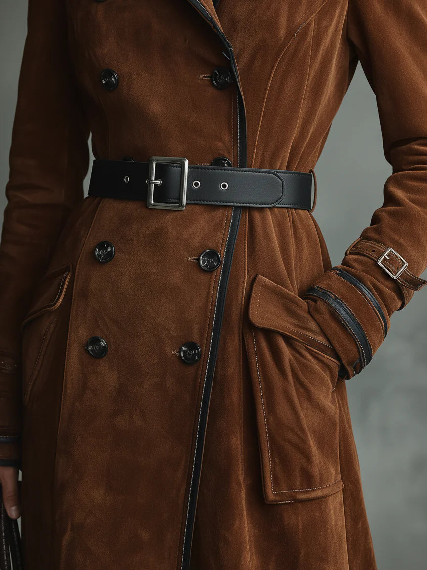 Double-breasted lapel long coat with suede and black trim - Eliza-Warszawa