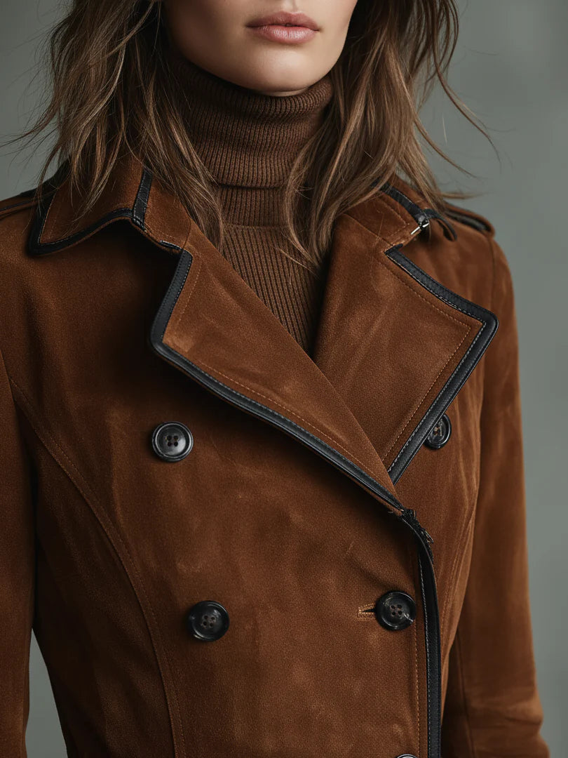 Double-breasted lapel long coat with suede and black trim - Eliza-Warszawa