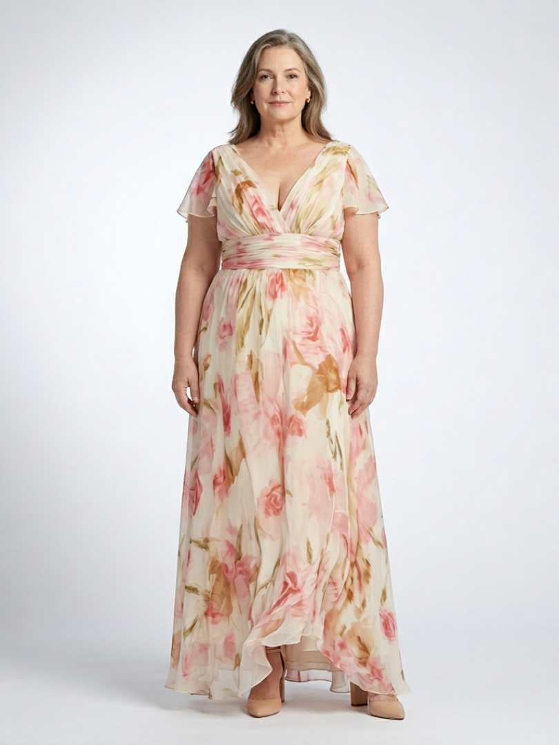 Elara | Floral Maxi Dress with V-Neck and Short Sleeves - Eliza-Warszawa