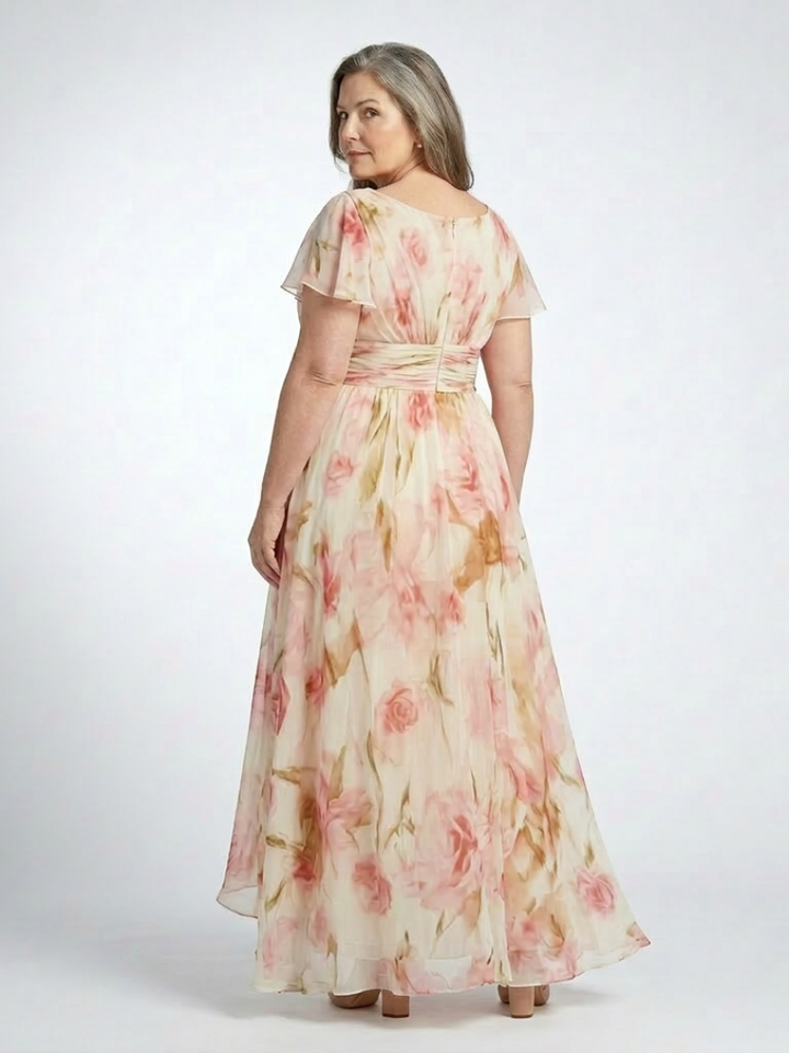 Elara | Floral Maxi Dress with V-Neck and Short Sleeves - Eliza-Warszawa