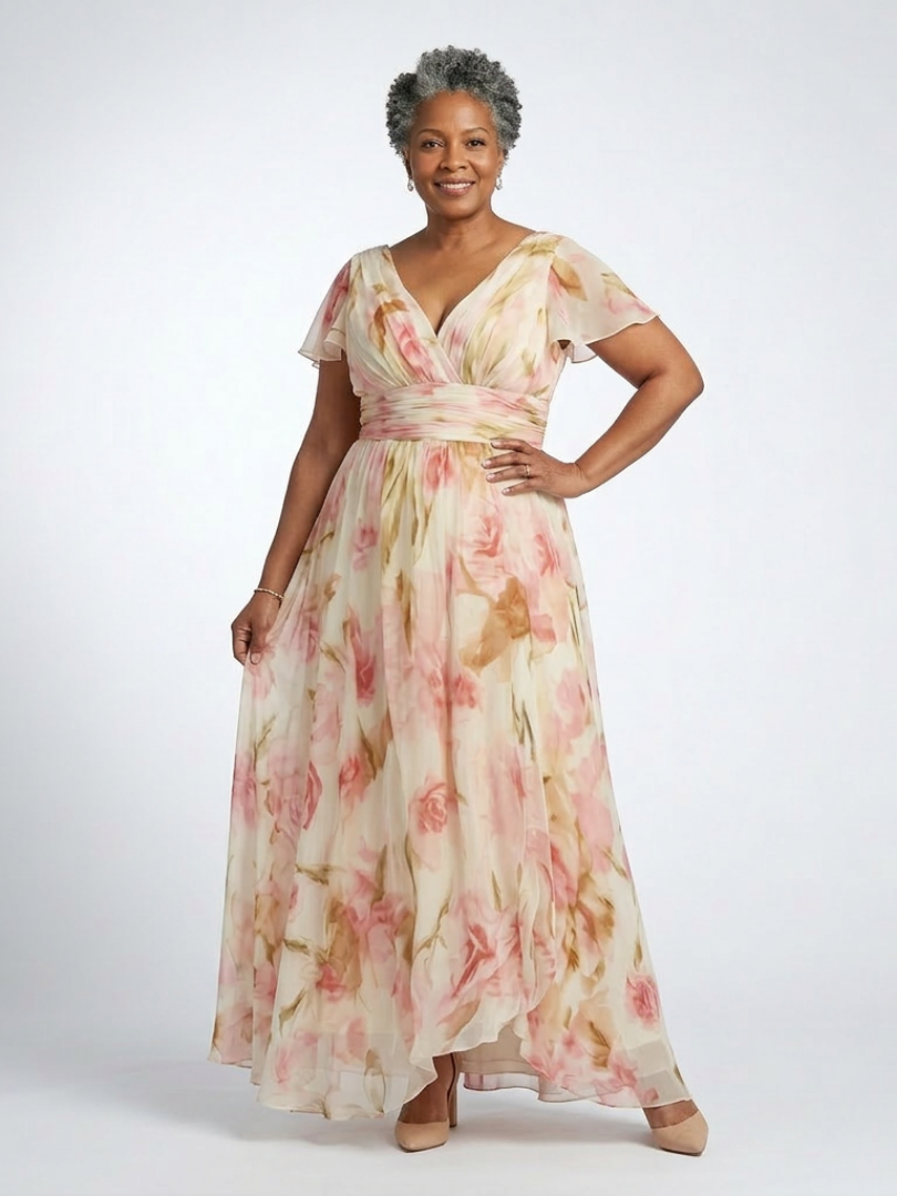 Elara | Floral Maxi Dress with V-Neck and Short Sleeves - Eliza-Warszawa