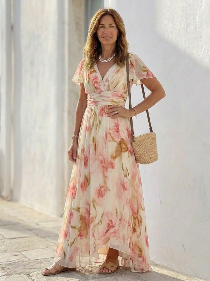 Elara | Floral Maxi Dress with V-Neck and Short Sleeves - Eliza-Warszawa