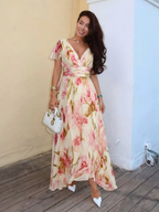 Elara | Floral Maxi Dress with V-Neck and Short Sleeves - Eliza-Warszawa