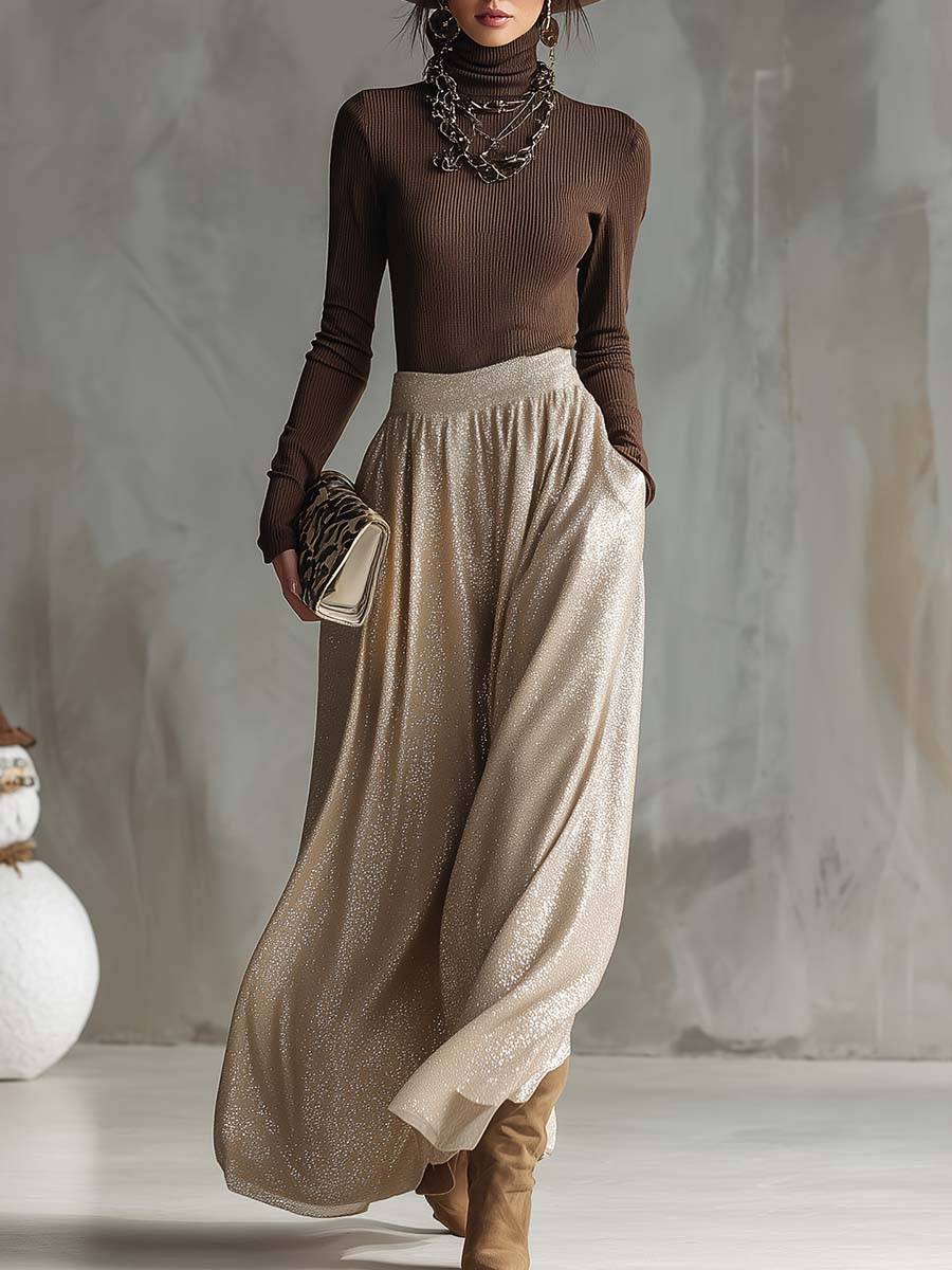 Elegant And Fashionable Retro Brown High-neck Knitted Top And Shimmering Silver Skirt Set