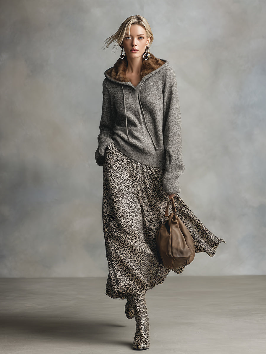 Elegant And Versatile Gray Leopard Print A-line Skirt - Eliza-Warszawa