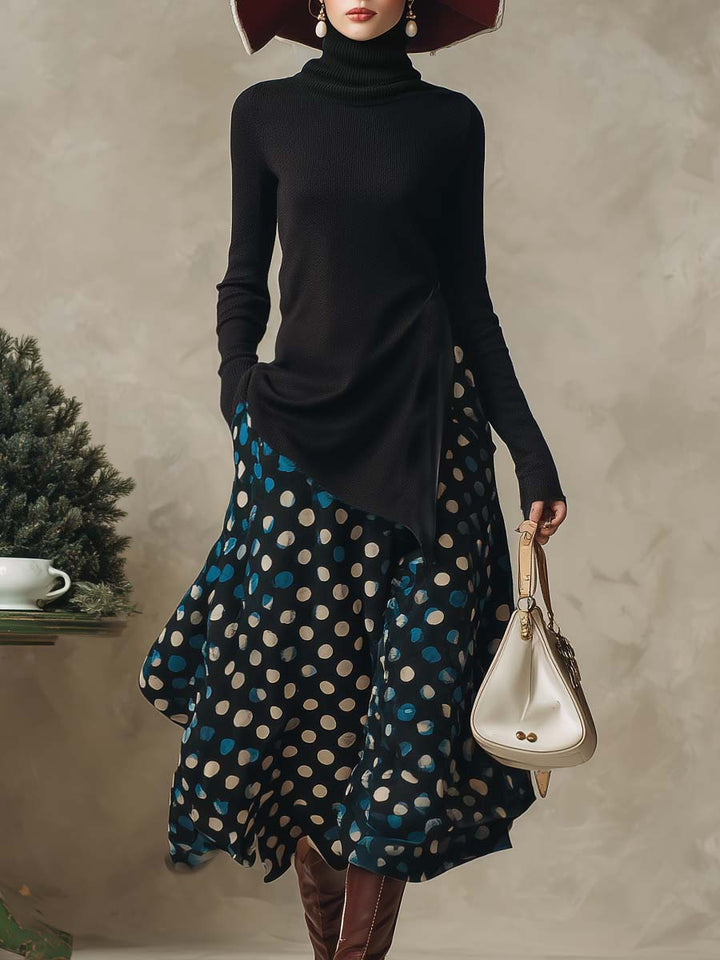 Elegant Black High-neck Side-slit Knitted Top And Dark Blue Satin Polka Dot Printed Skirt Set