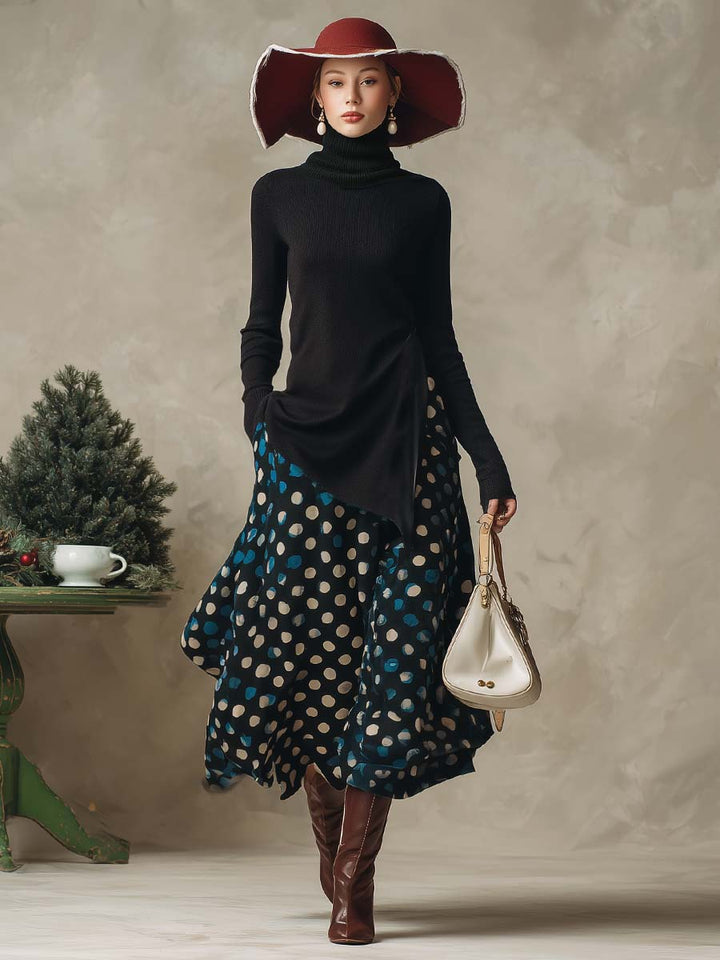 Elegant Black High-neck Side-slit Knitted Top And Dark Blue Satin Polka Dot Printed Skirt Set