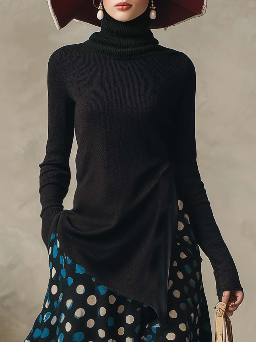 Elegant Black High-neck Side-slit Knitted Top And Dark Blue Satin Polka Dot Printed Skirt Set