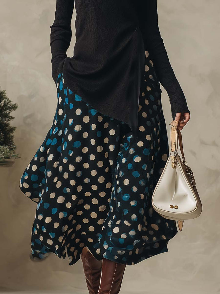 Elegant Black High-neck Side-slit Knitted Top And Dark Blue Satin Polka Dot Printed Skirt Set