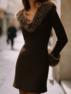 Elegant Chocolate Faux Fur Collar And Cuffs Knit Mini Dress - Eliza-Warszawa