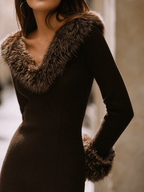 Elegant Chocolate Faux Fur Collar And Cuffs Knit Mini Dress - Eliza-Warszawa
