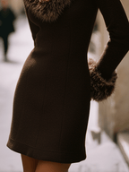 Elegant Chocolate Faux Fur Collar And Cuffs Knit Mini Dress - Eliza-Warszawa