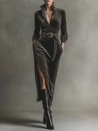 Elegant Corduroy Dress with Tie Neck and Side Slits - Eliza-Warszawa