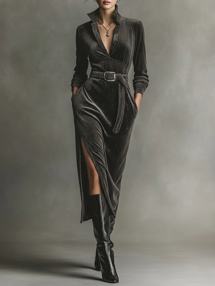 Elegant Corduroy Dress with Tie Neck and Side Slits - Eliza-Warszawa