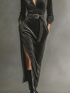 Elegant Corduroy Dress with Tie Neck and Side Slits - Eliza-Warszawa