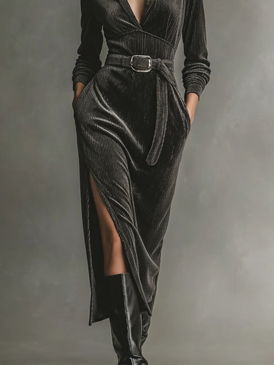 Elegant Corduroy Dress with Tie Neck and Side Slits - Eliza-Warszawa