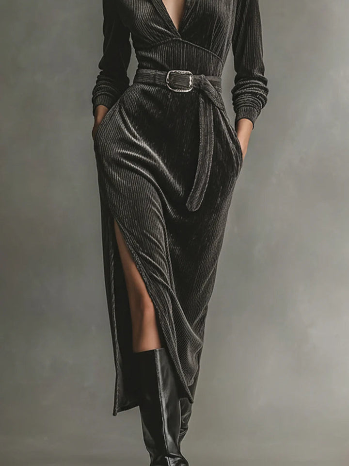 Elegant Corduroy Dress with Tie Neck and Side Slits - Eliza-Warszawa
