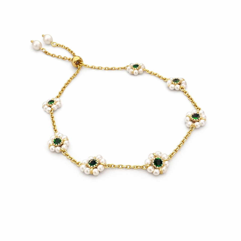 Elegant Daisy Bracelet with Green Crystals