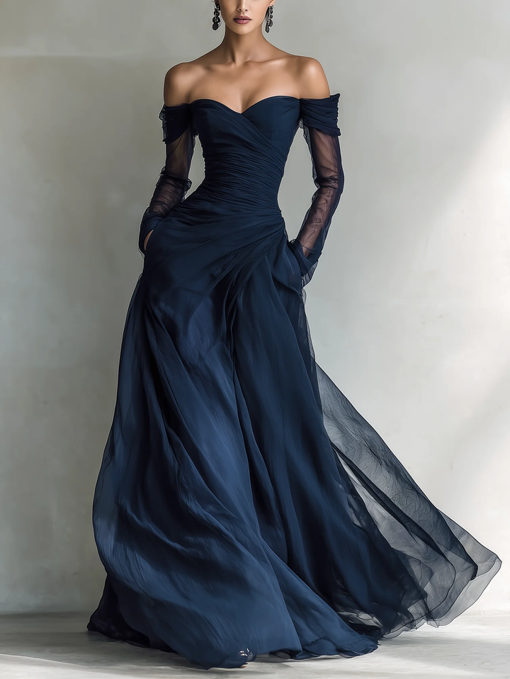 Elegant Dark Blue Long-Sleeve Off-Shoulder Chiffon Organza Maxi Dress - Eliza-Warszawa