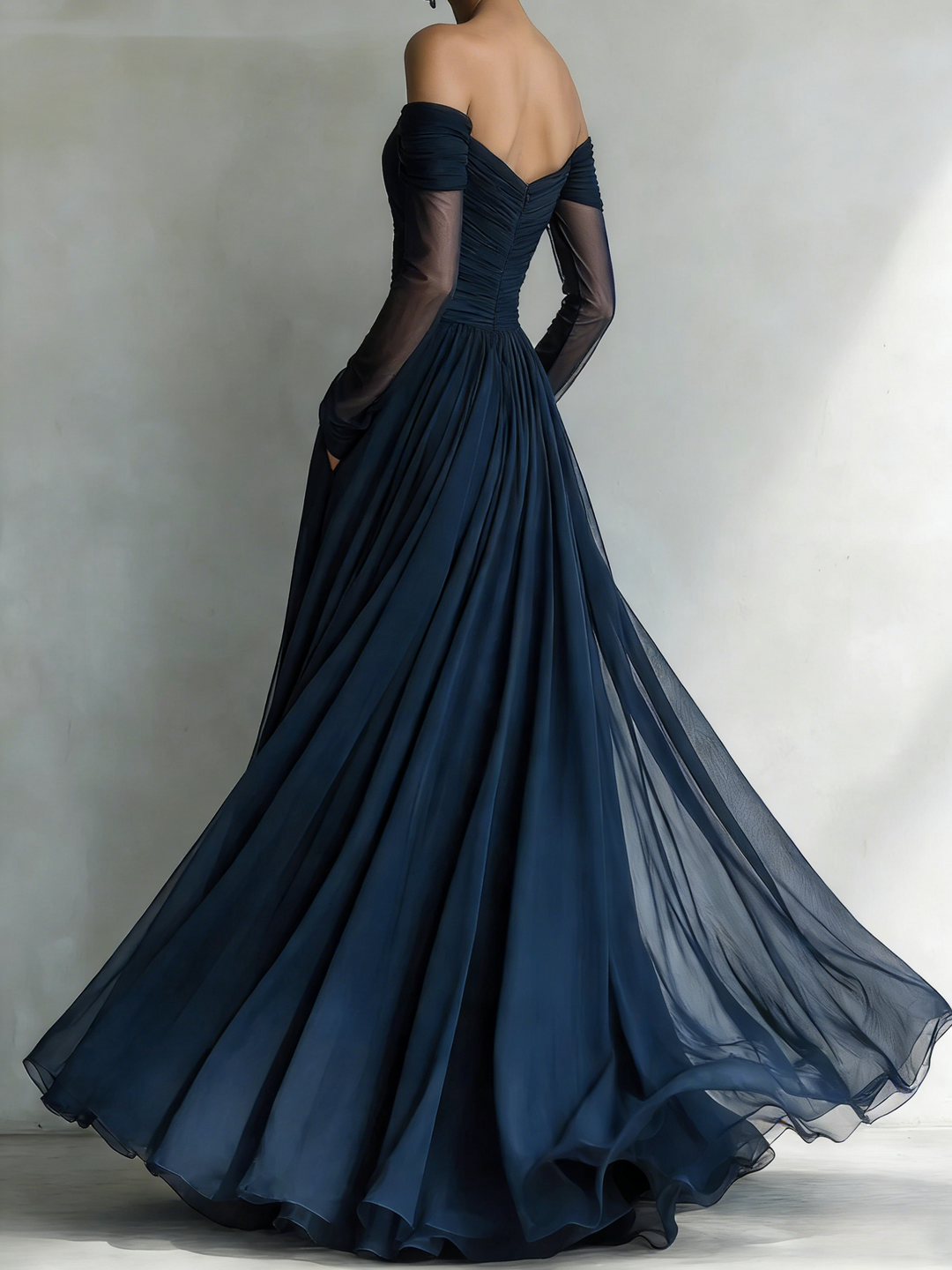 Elegant Dark Blue Long-Sleeve Off-Shoulder Chiffon Organza Maxi Dress - Eliza-Warszawa