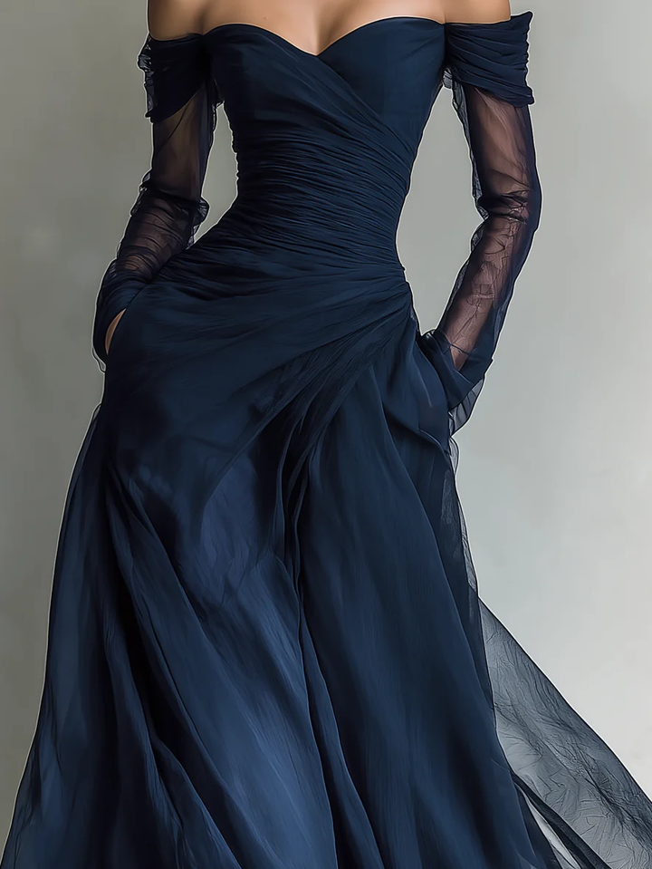 Elegant Dark Blue Long-Sleeve Off-Shoulder Chiffon Organza Maxi Dress - Eliza-Warszawa