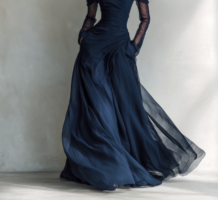 Elegant Dark Blue Long-Sleeve Off-Shoulder Chiffon Organza Maxi Dress - Eliza-Warszawa