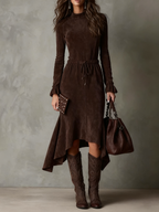 Elegant Dark Brown Suede Drawstring Irregular Midi Dress - Eliza-Warszawa