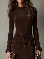 Elegant Dark Brown Suede Drawstring Irregular Midi Dress - Eliza-Warszawa