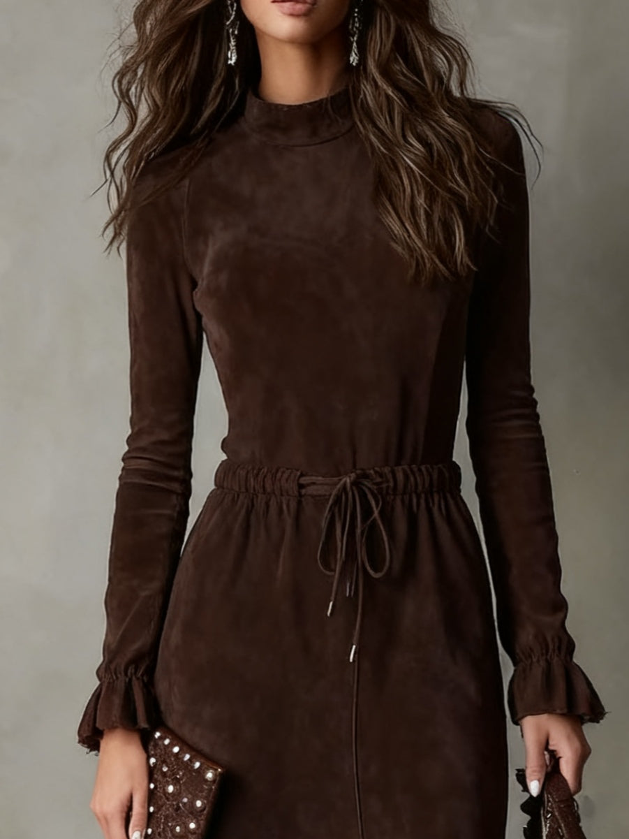 Elegant Dark Brown Suede Drawstring Irregular Midi Dress - Eliza-Warszawa