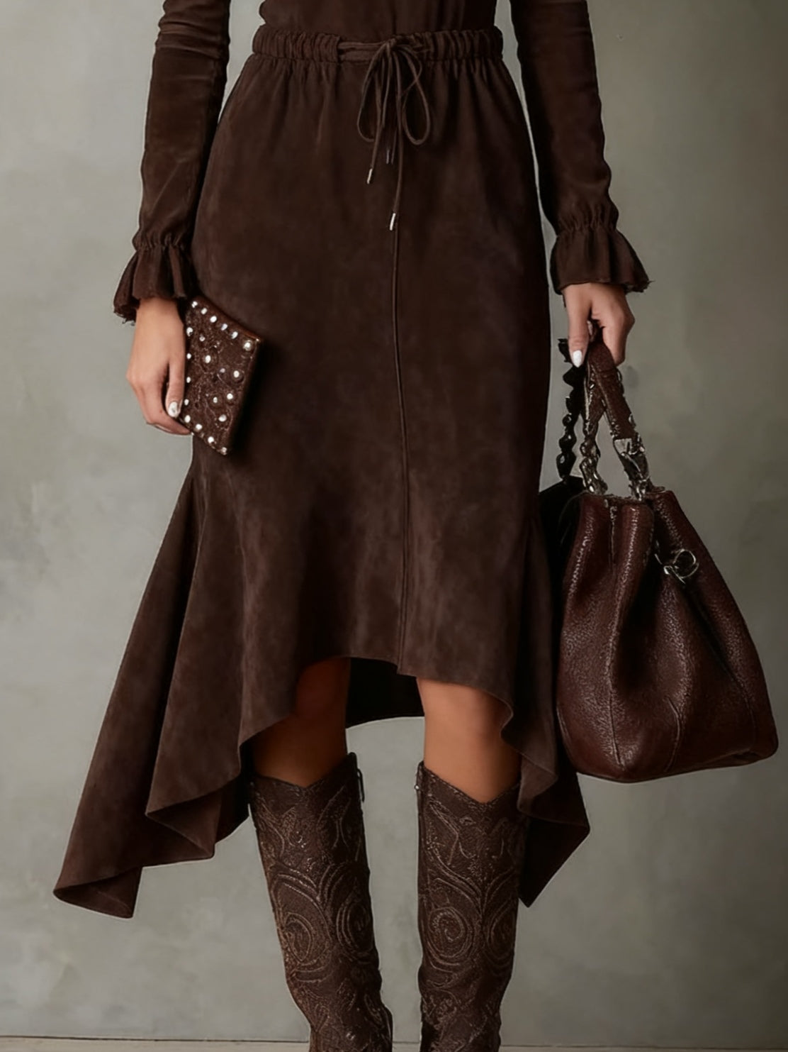 Elegant Dark Brown Suede Drawstring Irregular Midi Dress - Eliza-Warszawa