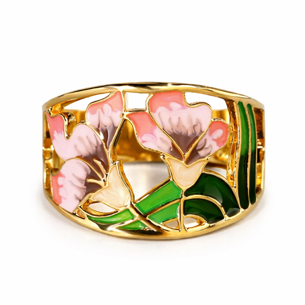 Elegant Floral Gold Enamel Ring