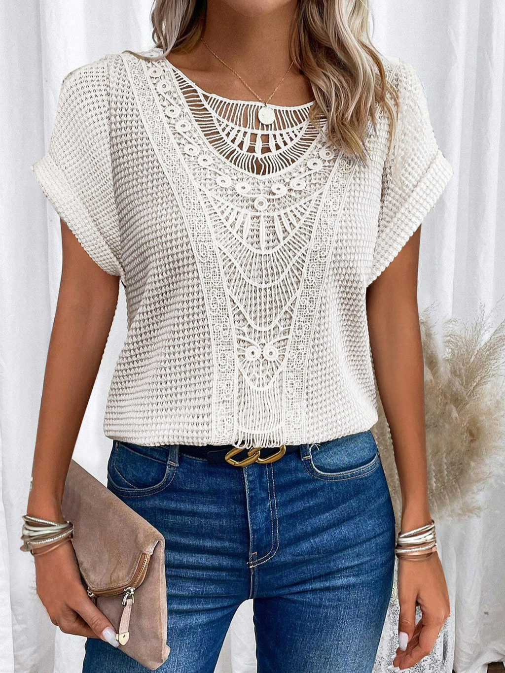 Elegant Lace Patchwork Hollow Short-sleeved Top - Eliza-Warszawa