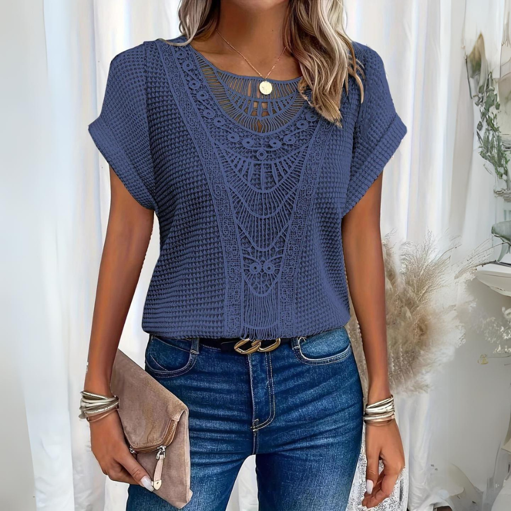 Elegant Lace Patchwork Hollow Short-sleeved Top - Eliza-Warszawa