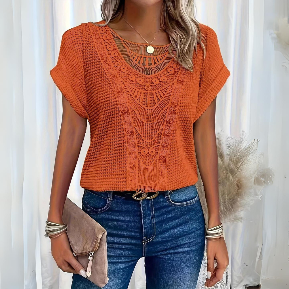 Elegant Lace Patchwork Hollow Short-sleeved Top - Eliza-Warszawa