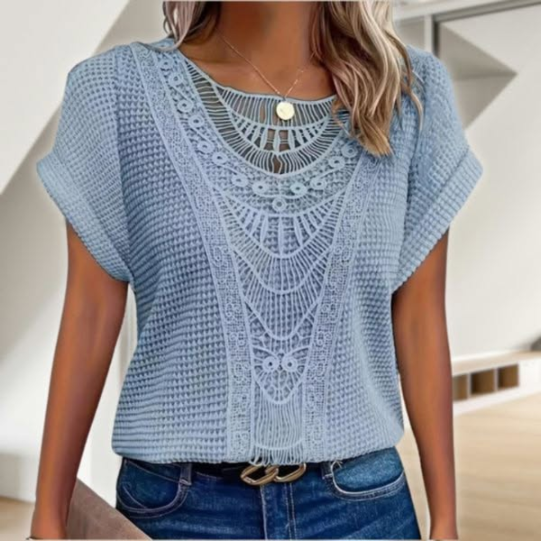 Elegant Lace Patchwork Hollow Short-sleeved Top - Eliza-Warszawa