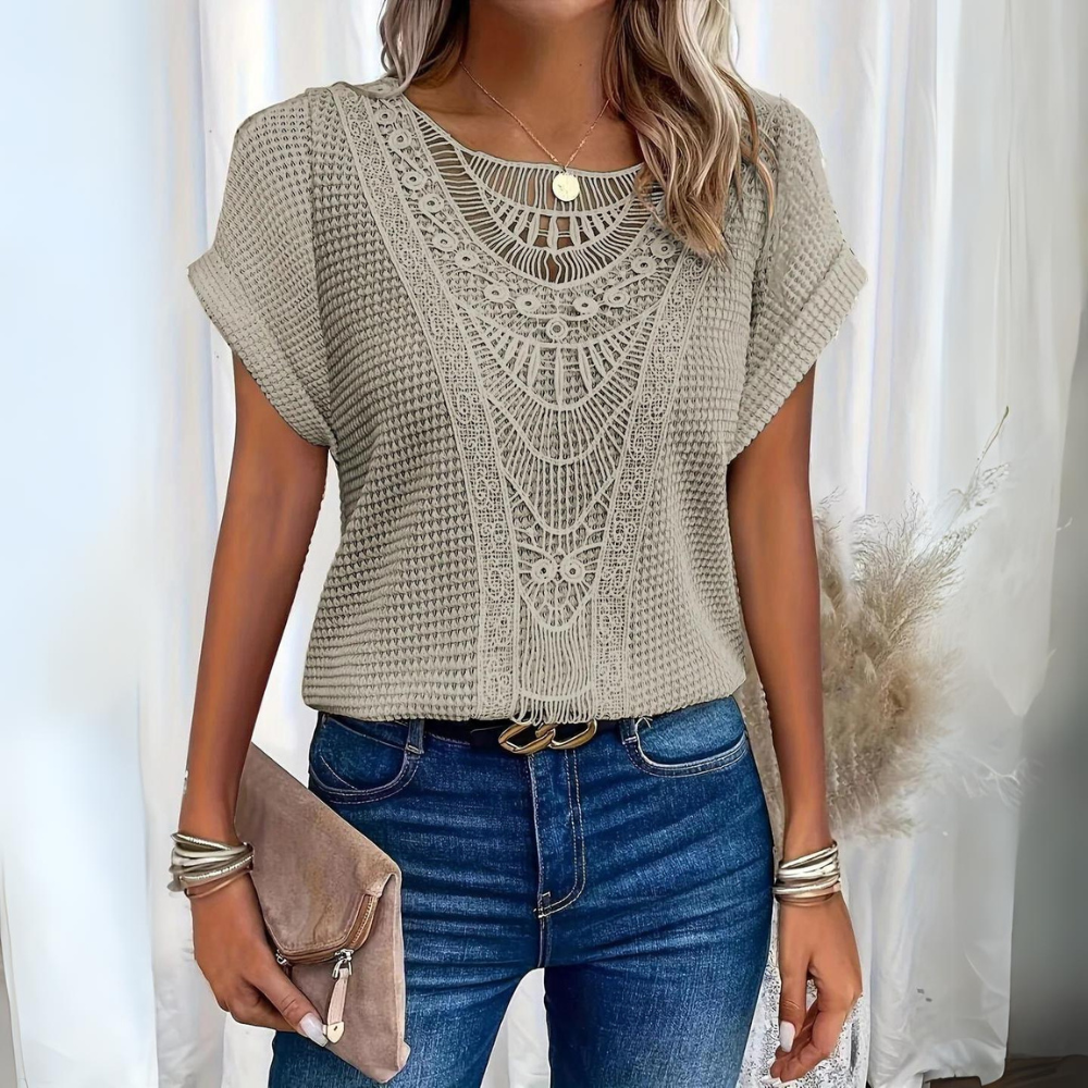 Elegant Lace Patchwork Hollow Short-sleeved Top - Eliza-Warszawa