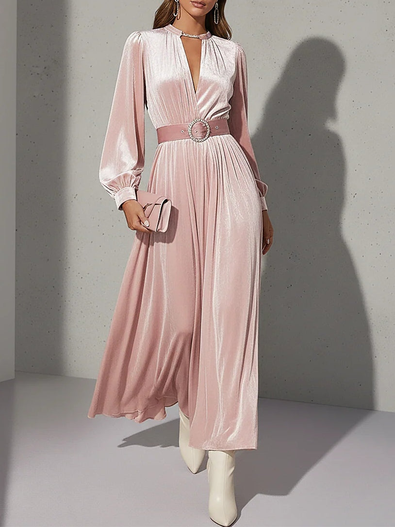 Elegant Light Pink V-Neck Velvet Maxi Dress - Eliza-Warszawa