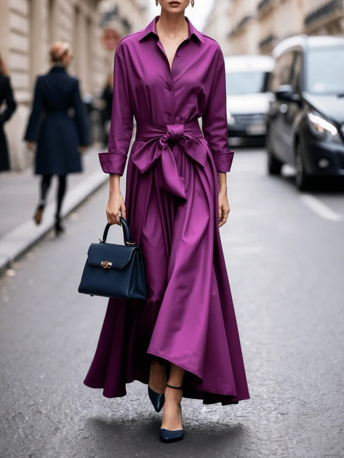 Elegant Long-sleeved Shirt-style Tie Maxi Dress - Eliza-Warszawa