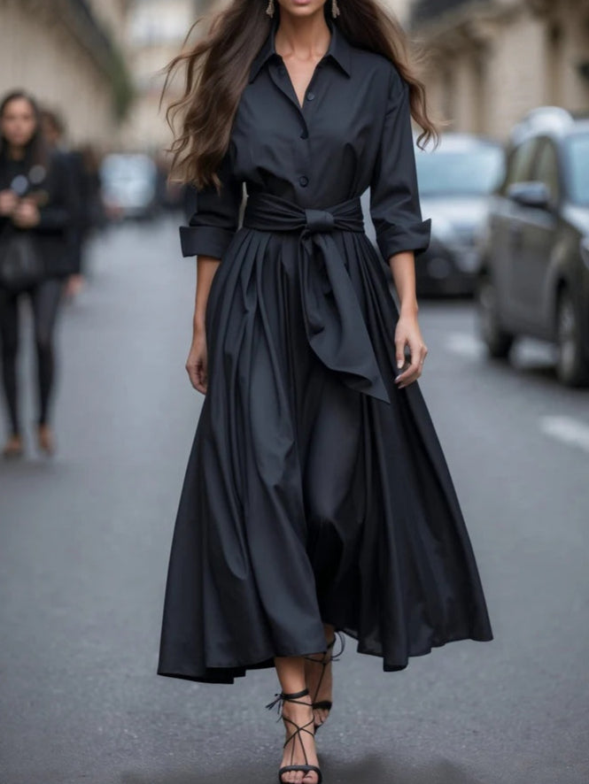 Elegant Long-sleeved Shirt-style Tie Maxi Dress - Eliza-Warszawa