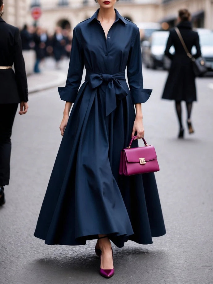 Elegant Long-sleeved Shirt-style Tie Maxi Dress - Eliza-Warszawa