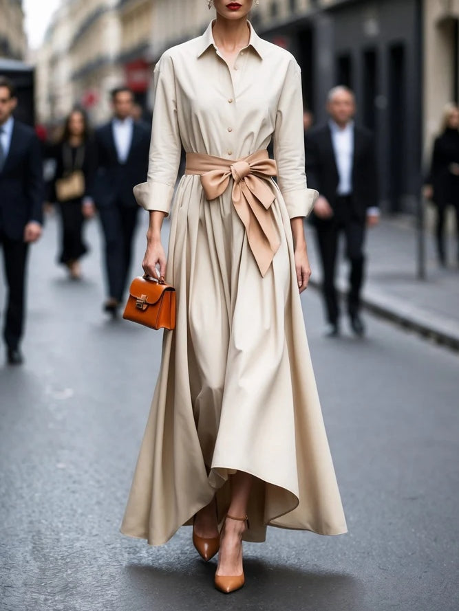 Elegant Long-sleeved Shirt-style Tie Maxi Dress - Eliza-Warszawa