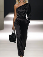 Elegant Off-the-shoulder Satin Long-sleeved Jumpsuit - Eliza-Warszawa