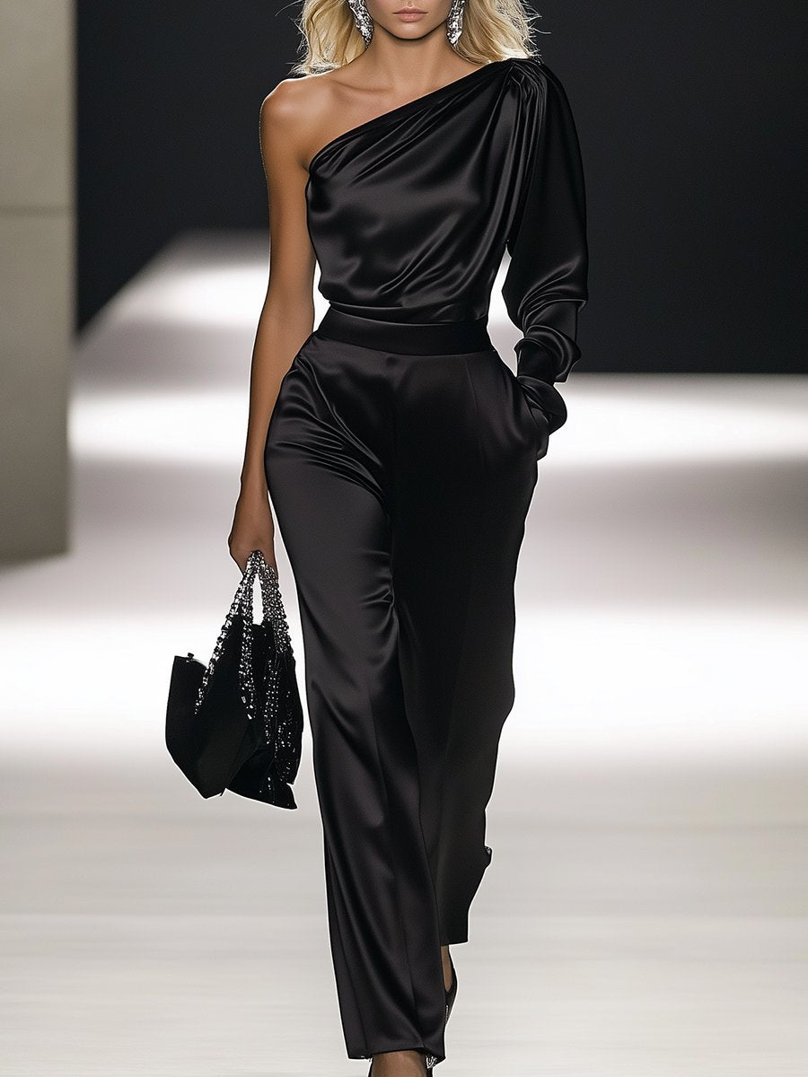 Elegant Off-the-shoulder Satin Long-sleeved Jumpsuit - Eliza-Warszawa