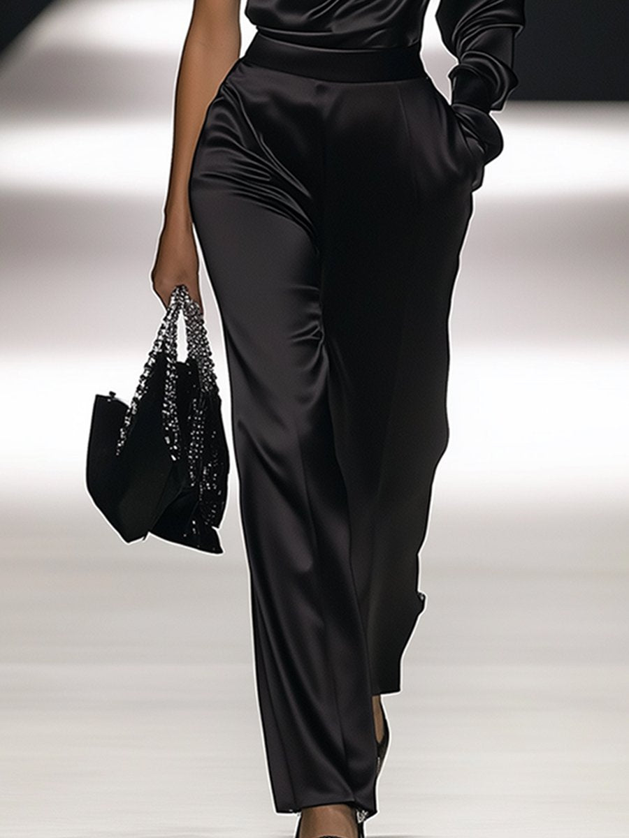 Elegant Off-the-shoulder Satin Long-sleeved Jumpsuit - Eliza-Warszawa