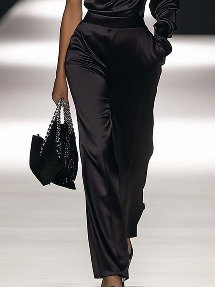 Elegant Off-the-shoulder Satin Long-sleeved Jumpsuit