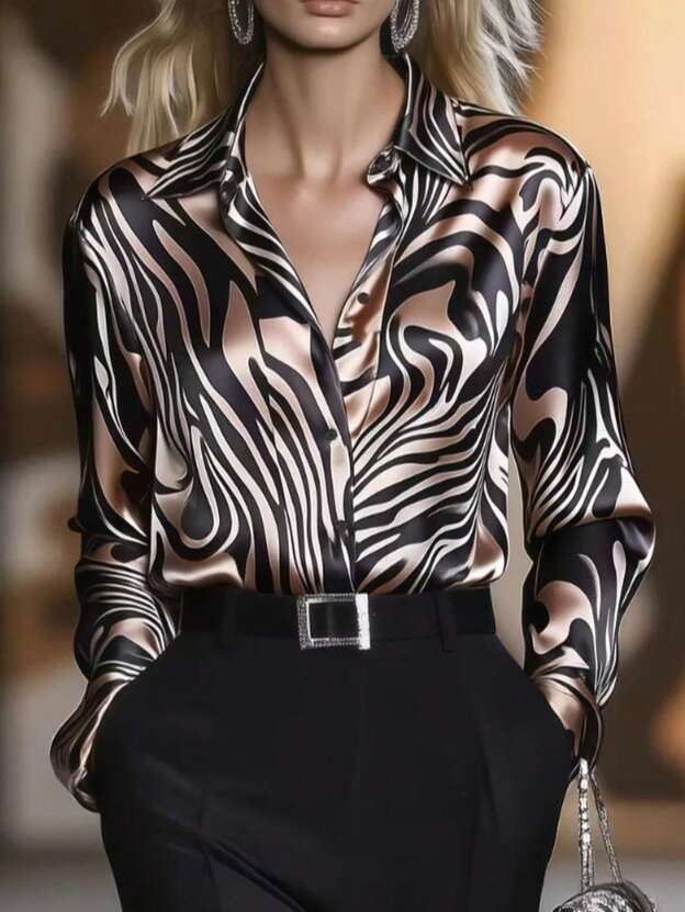 Elegant Satin Collar Zebra Print Shirt - Eliza-Warszawa